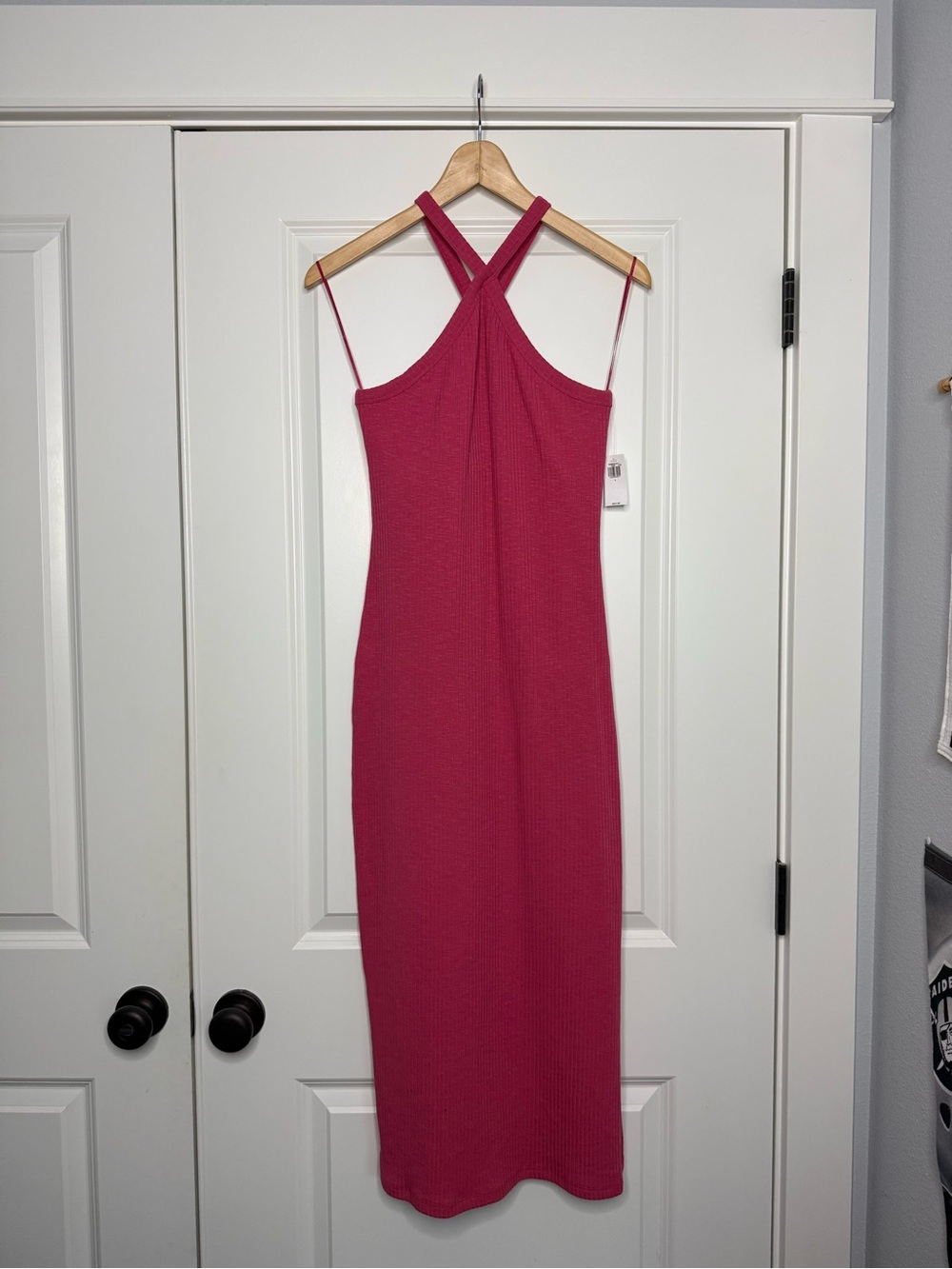 Old Navy Raspberry Pink Ribbed Cross-Back Midi Dress
